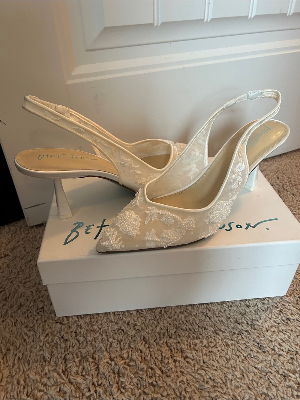 Betsey Johnson Ivory Embroidered Pointed Slingback Heels